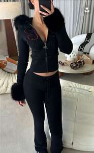 Y2k abbigliamento con cappuccio giacca di pelliccia tinta unita a contrasto cerniera con cappuccio maglione lungo Cardigan pantaloni a vita alta Casual sport - Product Image 2