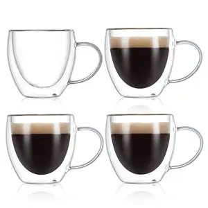 ENTESI grosir mug kopi bening cangkir kopi terisolasi kaca dinding ganda Set cangkir kopi dengan pegangan untuk cappucino Latte