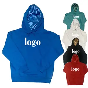2023 Custom Wholesale Embroidered Logo French Terry Cotton Fleece Hoody Sweatsuit Silk Satin Lined Hoodie Set