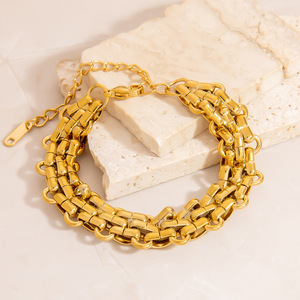 Pulsera de Acero Inoxidable Chapada en Oro de 18K, Cadena Cubana de Doble Capa, Diseño Geométrico, Joyería Unisex - Product Image 3