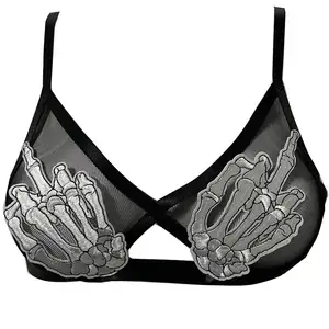 Soutien-gorge gothique en dentelle noire pour femmes Halloween Skeleton hand See through Lingerie Crop Top Halloween rave Dance fetish bra