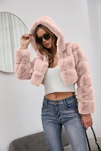 Veste en fausse fourrure à capuche pour femme, sur mesure, style court, manteau patchwork en fausse fourrure de lapin, manteau d'hiver, fournisseur en gros OEM. - Product Image 6