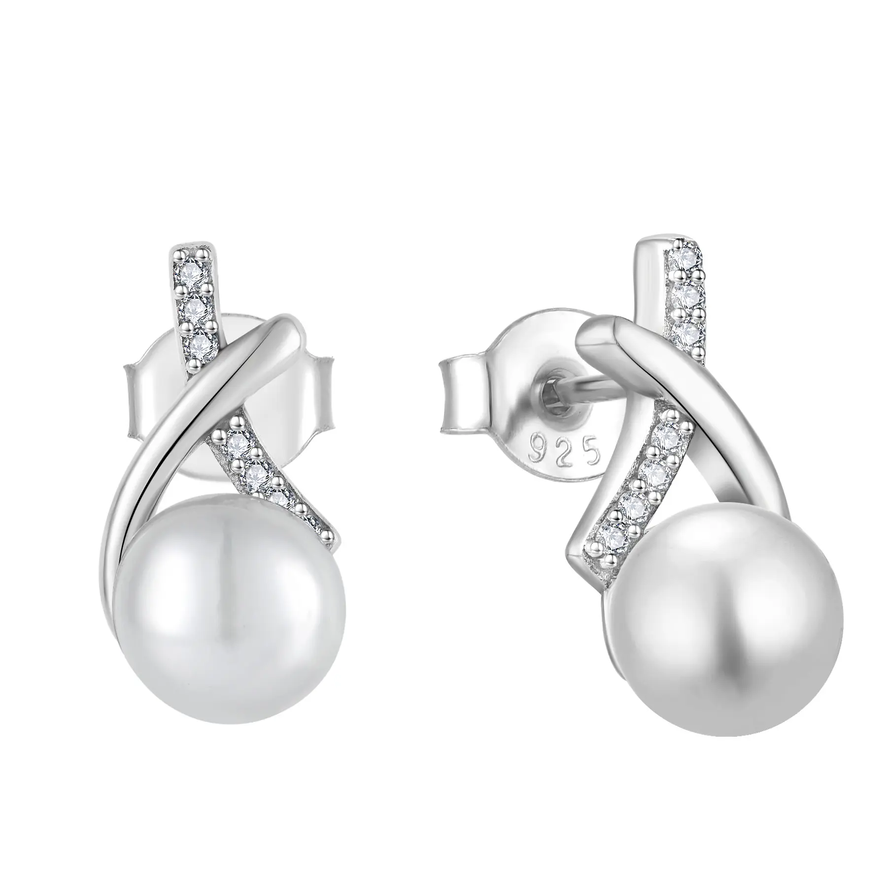 CUSTOM OEM Pearl Fine Jewelry Luxury 925 Sterling Silver Plated Diamond Drop Stud Earring For Women