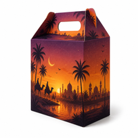Umweltfreundliche, stabile Karton-Dessertbox mit Griff, vollflächig bedruckt mit islamischem Muster, Geschenkverpackung für Schokolade, Datteln, Gebäck.