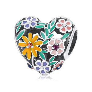 Breloque en argent tibétain en forme de cœur avec fleurs en émail colorées et pierres de zircon, style vintage, bijoux unisexes, cadeau - Product Image 1