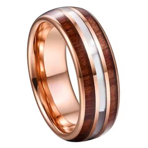 Poya Sang Trọng 8Mm Cao Đánh Bóng Ban Nhạc Đám Cưới Trắng Vỏ bào ngư & Gỗ Inlay Rose Gold Plated Mái vòm Vòng Tungsten Cho Nam Giới Phụ Nữ - Product Image 2