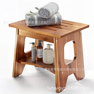 Tabouret de salle de bain en bois Lu Hai, marchepied de douche en bois massif, surface rainurée antidérapante, taille personnalisable, marron - Product Image 3