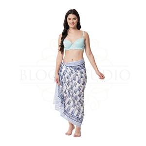 Persian <b>Blue</b> Hand Block Print Cotton <b>Sarong</b> Wrap for Women, Lightweight Bikini Cover-Up, Summer Beach & Resort Wear - Product Image 4