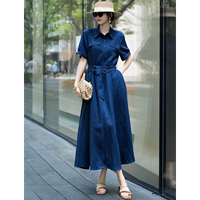 Robe longue élégante vintage en lin de couleur menthe pour femme, col polo, taille ajustée, amincissante, idéale pour le bureau et les trajets quotidiens, été