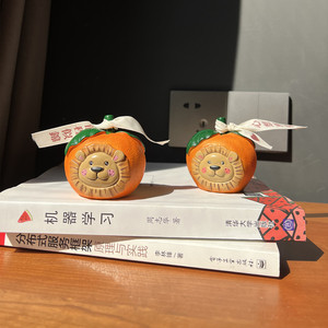 Orange Persimmon Lion Figurine With Leaf And Ribbon Decorative <b>Ornament</b> For <b>Car</b> Or Desk Display - Product Image 3