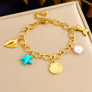 Fashion Charm Bracelet 18K Gold Plated Seashell Starfish Pearl Pendant Women's Ocean Theme Jewelry - Product Image 1