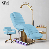 Nouveautés : Table de soin esthétique électrique en acier inoxydable avec base LED et revêtement en cuir PU, réglable en hauteur, pour spa facial