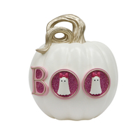 Décoration d'Halloween en résine : Citrouille découpée, Statuette fantôme 'Boo' rose pailletée, Ornement artisanal pour fêtes et maison, Fourniture en gros B2B, Fabriqué en Chine