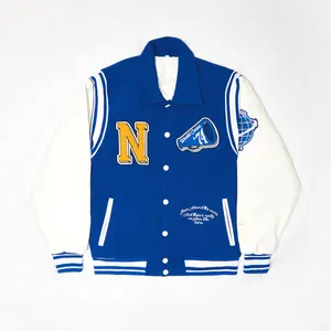 OEM Wholesale Custom Embroidery Boucle Badge Blue Oversized Fit Vintage Baseball Jacket Varsity Jacket For Men