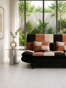Canapé-lit contemporain en velours avec motif à carreaux en noir, marron et beige pour salon - Product Image 1