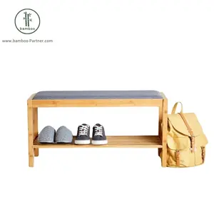 Bamboo Upholstered Fabric Bench 2-tier Shoe Changing Bench