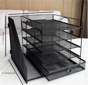Metal 5-Tier Paper Letter Organizer with <b>File</b> Holder Desk Organizer with Drawer Mesh Desktop Storage with Magazine Holder - Product Image 3