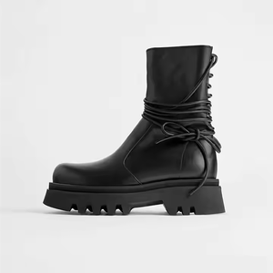 Mode à lacets femme <span class=keywords><strong>mi</strong></span>-<span class=keywords><strong>mollet</strong></span> <span class=keywords><strong>bottes</strong></span> Vintage bout rond en <span class=keywords><strong>cuir</strong></span> noir côté fermeture éclair plate-forme femmes <span class=keywords><strong>bottes</strong></span> de motard - Product Image 1