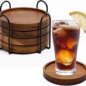 Juego de posavasos redondos de madera de acacia, 4 piezas con soporte, para mesa de escritorio, resistentes al calor, para protección de tazas de té, café y bebidas - Product Image 3