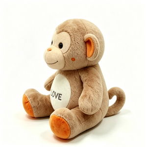Peluche de mono sentado personalizado en tono beige claro suave con orejas y patas naranjas, detalles bordados y parche LOVE en el vientre. - Product Image 3