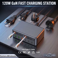 Adaptateur de chargeur mural USB rétractable HNT 120W GaN 8 ports avec câble double IOS+Type-C de 2,3 pieds pour iPhone Pixel 16 Galaxy