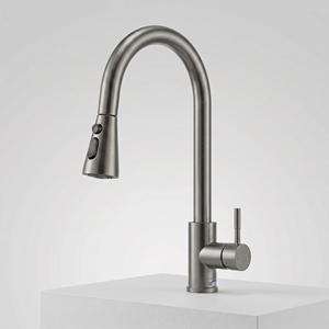 Robinet de cuisine moderne à poignée unique, corps en laiton massif, finition chrome poli, montage sur plan, douchette extractible - Product Image 6