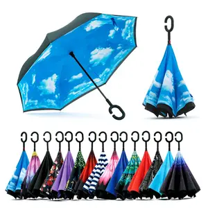 Hands Free C Handle Double Layer Upside Down Reversible Inversion Reverse Inverted Umbrella For Better Brella