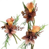 Perlengkapan Pernikahan: Bunga Boutonniere & Corsage untuk Tamu, Bunga Pergelangan Tangan, Warna Kopi, Kain, Calla Buatan