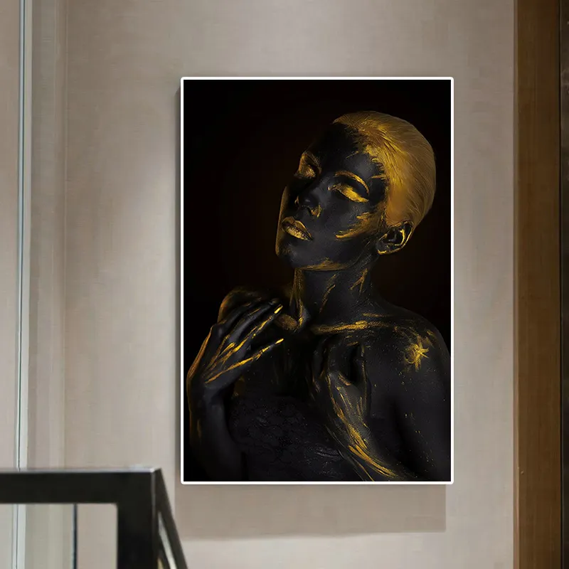 Goldene Mode Schwarz afrikanische Nackte Frau Ölgemälde auf Leinwand Poster und Drucke Wand kunst Bild für Wohnzimmer