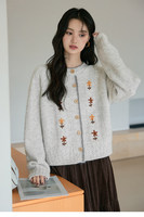 Großhandel Weicher Wachsartiger Hochwertiger Rundhals-Cardigan mit Blumenstickerei aus Kaschmir für Damen, Herbst- und Winteroberbekleidung