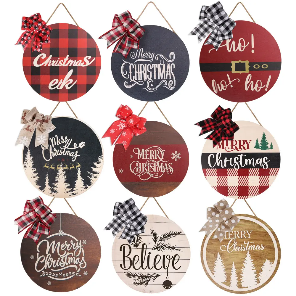 New Christmas Wooden Listing Christmas Wall Decoration Pendant Bow Round Farmhouse Wood Art