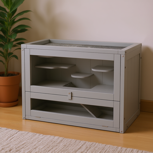 Cage pour hamster à 2 niveaux, grise, en plastique, avec dessus ouvrable, étagère et échelle, pour petits animaux - Product Image 2