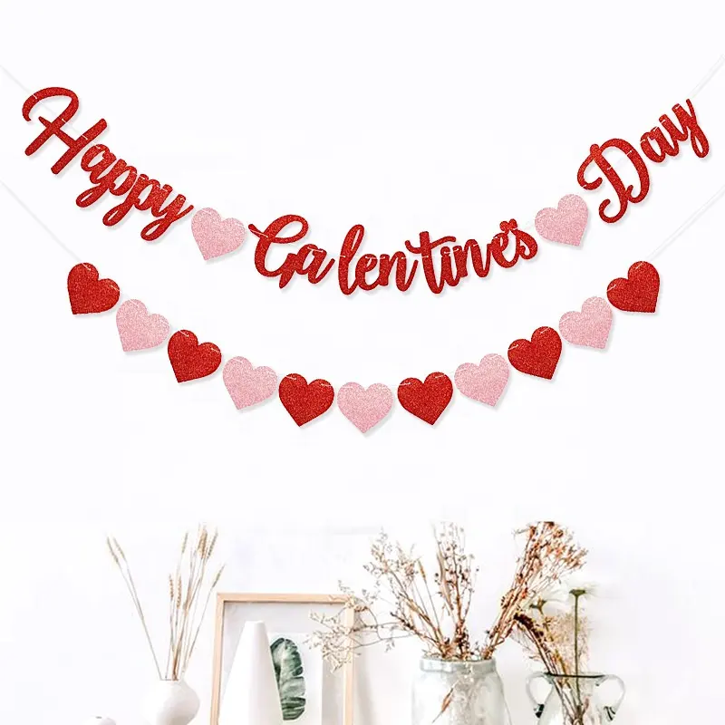 2021 חדש אדום פלאש שמח Galentine של יום פלאש ורוד למשוך פרח לב מחרוזת דגל האהבה יום קישוט באנר