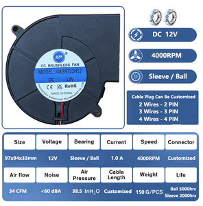 Ventilateur centrifuge turbo AMB9733H12B 12V DC 9733 avec roulement à billes 97x97x33mm, utilisé pour les barbecues et les sièges <span class=keywords><strong>de</strong></span> <span class=keywords><strong>voiture</strong></span> - Product Image 6