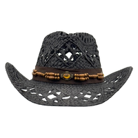 Chapeau de cowboy noir imitation paille en gros |   Chapeaux de festival Panama personnalisés en cuir ajouré et perles de bois, protection solaire pour adultes