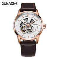 OUBAOER Original Automatische Skelett-Selbstaufzugsuhr für Herren mit Blauem Lederarmband, Zeiger, 42MM Legierungsgehäuse, 3BAR Wasserdicht