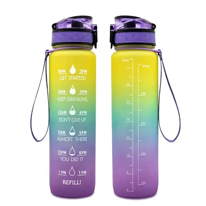 מותאם אישית לוגו צבעוני חם מכירות 1 ליטר 32OZ BPA משלוח חלבית פלסטיק מוטיבציה מים בקבוק עם זמן סמן