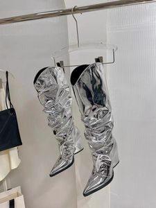 Bottes classiques pour femmes, mode été-automne, hauteur genou, métalliques brillantes, froncées, à bout pointu, talon bloc épais, en PU, à enfiler, respirantes - Product Image 3