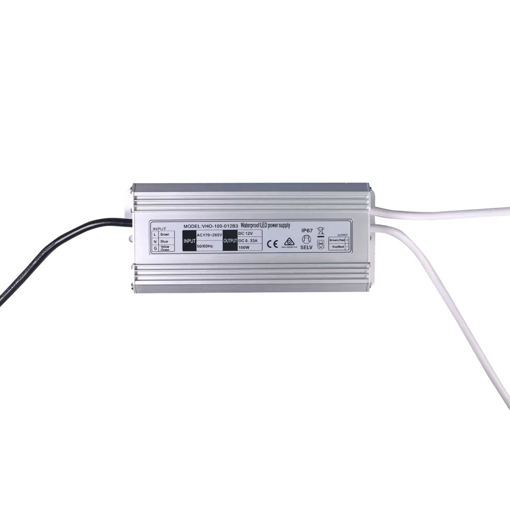 Waterproof IP67 LED Power Supply Driver Transformer 100W 110V 220V AC to 12V DC Output with Cable for Outdoor Use