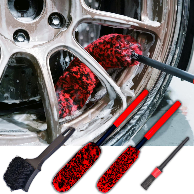 4-Pack Red Car Detailing Kit Plastic Wheel and Fender Cleaning Brushes Auto Duster Brush Set