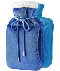 rubber Hot Water Bottle with blue Cover,Fluffy 2L Hot Water Bag with Kangaroo Pocket for Cramps, Pain Relief