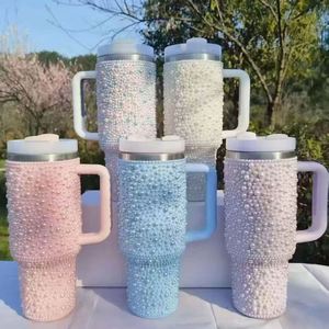 Bulk Wholesale <b>Creativity</b> Customised Colorful Pearl Rhinestone Drink Cup 40oz Stainless Steel Tumbler Insulated Water Bottle - Product Image 1