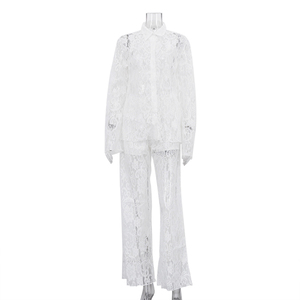 Completo Estivo Sexy da Donna in Due Pezzi: Top Trasparente Bianco con Maniche a Fessura e <span class=keywords><strong>Pantaloni</strong></span> Foderati in Pizzo - Product Image 4