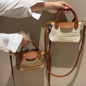 Borsa a mano da donna in maglia all'uncinetto stile retrò francese, borsa tote di lusso in pelle patchwork, borsa a tracolla estiva traforata da spiaggia con manico superiore - Product Image 1