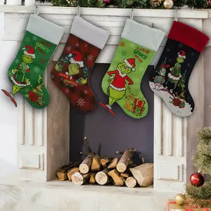 New Christmas Candy&Gift Sock Stocking Plush Bag Decor Grinch-chi Green Festival Monster Kids' Xmas Eve Present Bag