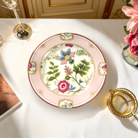 Service de table élégant en porcelaine fine à motifs floraux, assiettes en céramique rose à bord doré, parfait pour les cadeaux de mariage, le thé de l'après-midi et les banquets