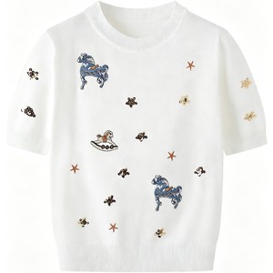 Dalang Sweater Factory <b>Women's</b> Embroidered Knitted Short Sleeve <b>Top</b> Crew Neck <b>Sequin</b> Pony Design Loose Fit Soft Knitwear - Product Image 5