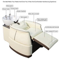 Fauteuil de lavage électrique de luxe marron pour salon de coiffure, mobilier de barbier avec bac en céramique, lit de lavage, station de thérapie capillaire, fauteuil de barbier