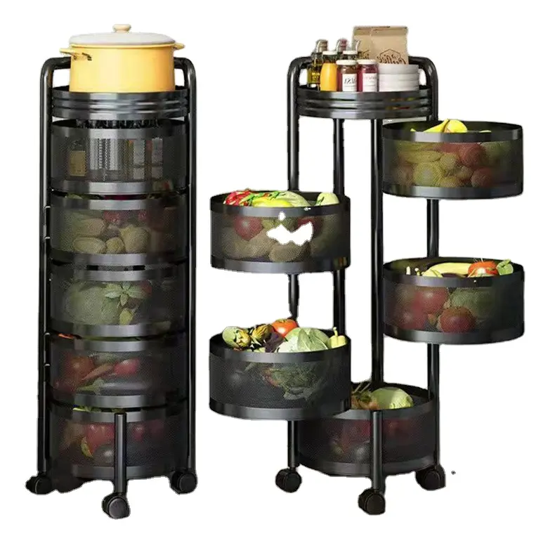 Étagère rotative de cuisine paniers à 360 degrés étagère de rangement pour fruits et légumes étagère ronde de ménage avec roues