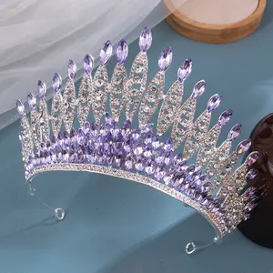도매 럭셔리 라일락 모조 다이아몬드 아름다움 콘테스트 샴페인 왕관 아름다운 화려한 보석 결혼식 크라운 티아라